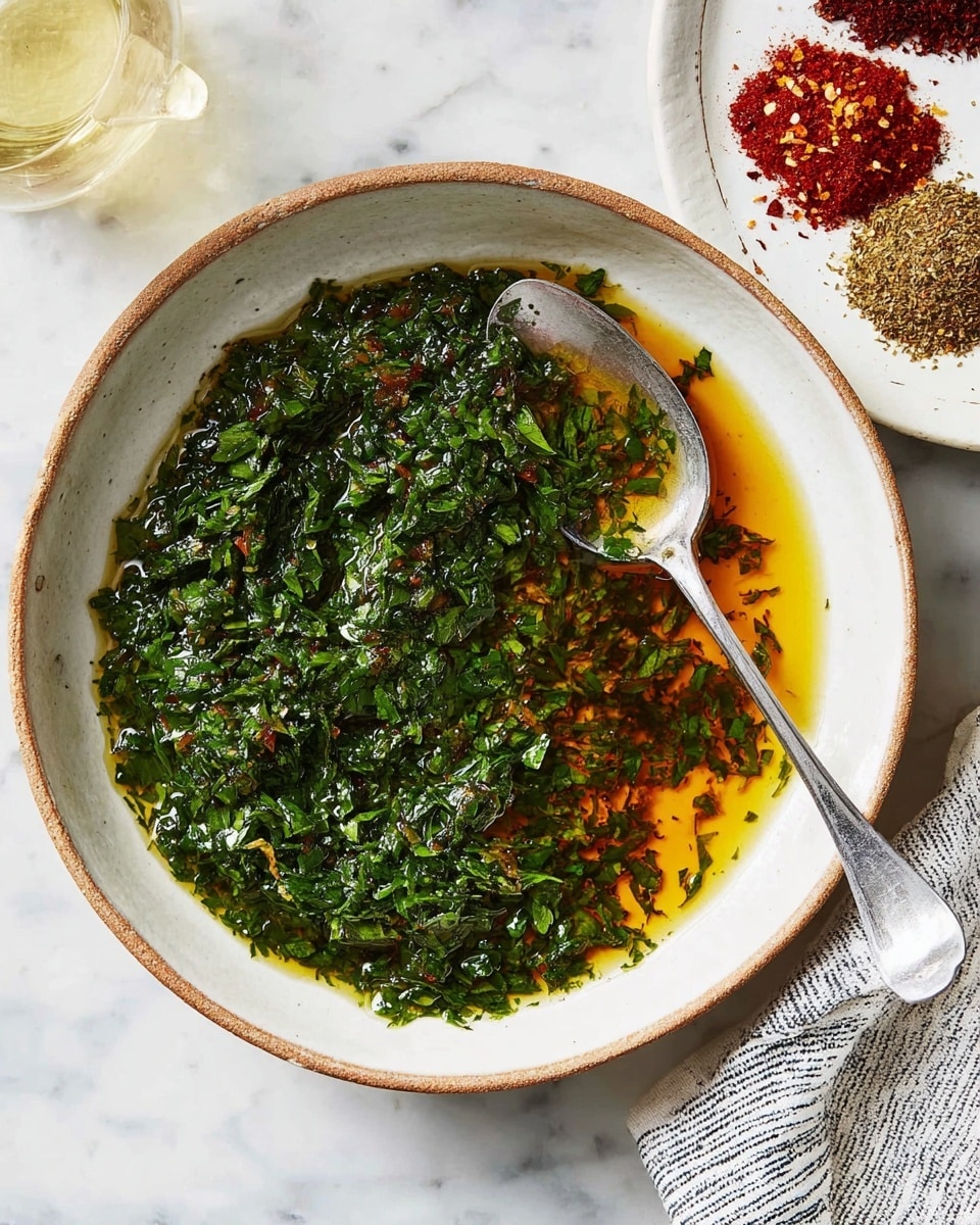 The image shows a wide, shallow white bowl with a thin brown rim, filled mostly with finely chopped dark green herbs mixed with small red chili flakes. There is a pool of golden olive oil on one side of the bowl. Resting inside the bowl is a shiny silver spoon partially submerged in the herb and oil mix, with some of the mixture scooped on the spoon. The bowl is set on a white marbled surface, and in the top right corner, part of another white bowl with a coarse spice blend is visible. photo taken with an iphone --ar 4:5 --v 7