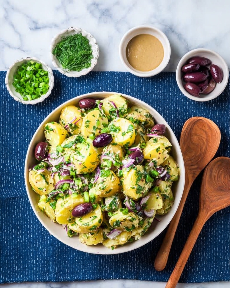 A white bowl filled with a potato salad made of yellow potato pieces mixed with dark purple olive slices, green herbs like chopped parsley and dill, and thinly sliced light green onions. Surrounding the bowl are three small white bowls containing dark purple olive halves, light brown dressing, and fresh green herbs. To the right, two wooden spoons rest on a dark navy blue cloth on a white marbled surface. The overall look is fresh and colorful with a mix of soft and crisp textures photo taken with an iphone --ar 4:5 --v 7