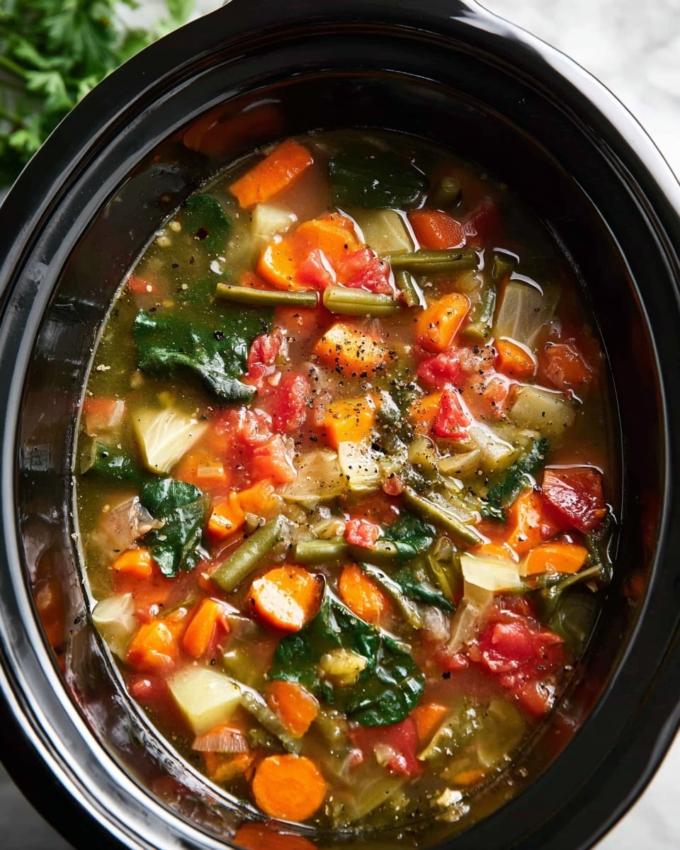 The image shows a black slow cooker filled with vegetable soup. The soup has multiple layers of chopped vegetables including bright orange carrot pieces, red tomato chunks, green beans, pale cabbage, and dark green spinach leaves floating in a clear broth. Some black pepper flakes are sprinkled on top, adding a bit of texture. The slow cooker is placed on a white marbled surface with some blurred greenery in the background. photo taken with an iphone --ar 4:5 --v 7