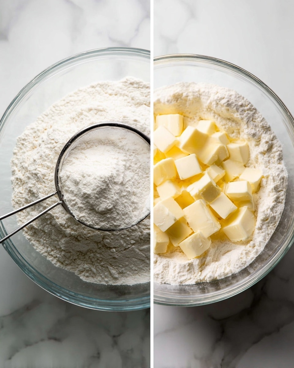 The image shows two close-up scenes side by side placed on a white marbled surface. On the left, a clear glass bowl is filled with white flour and is being sifted through a silver metal sieve resting on top, with fine flour powder falling through into the bowl below. On the right, the same clear glass bowl now contains a white dry mix with small yellow cubes of butter evenly scattered on top, showing a soft and smooth texture. Both scenes are bright with natural light highlighting the soft color contrasts and fine textures, photo taken with an iphone --ar 4:5 --v 7