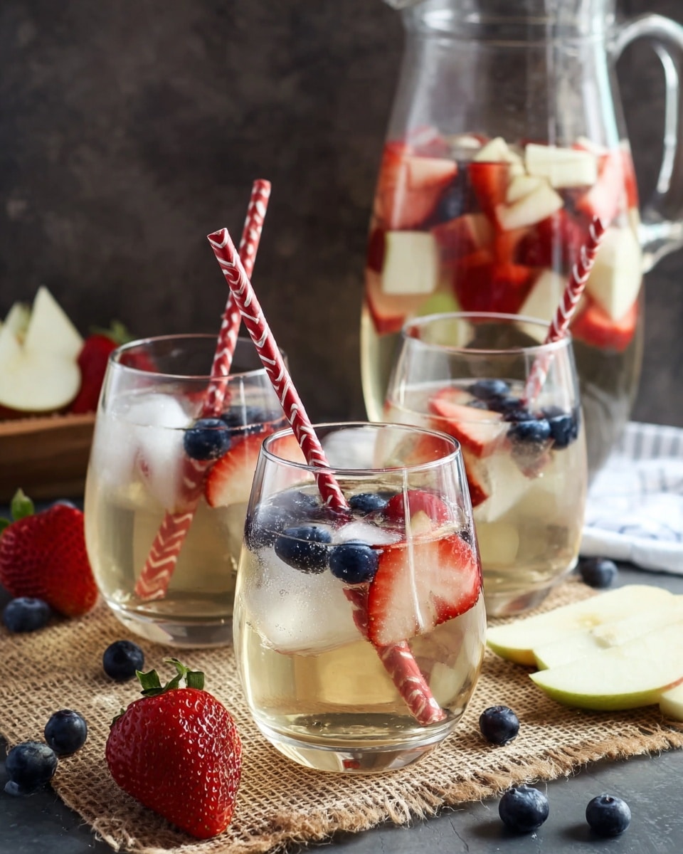 The image shows three clear glasses filled with a light-colored drink and ice cubes. Each glass contains slices of red strawberries and blue blueberries floating near the ice, with one red-and-white patterned straw placed inside. Behind the glasses, there is a large clear pitcher filled with the same drink, ice cubes, slices of strawberries, blueberries, and small white apple pieces floating on top. The glasses and pitcher sit on a rough beige woven cloth on a dark surface, with scattered fresh strawberries and blueberries around. To the right, white apple slices are placed on the white marbled textured surface. Photo taken with an iphone --ar 4:5 --v 7