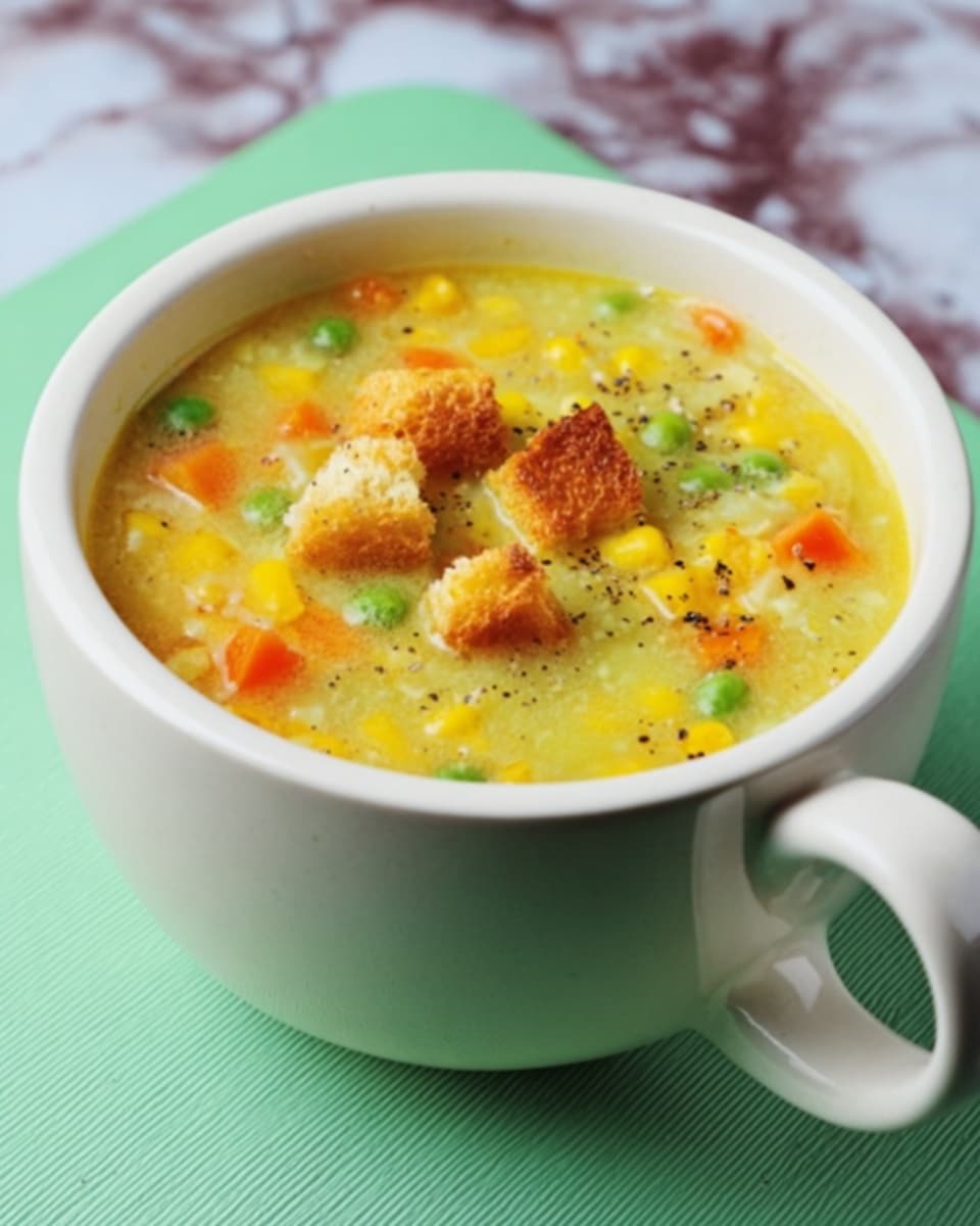 A white cup filled with yellowish soup, showing visible pieces of corn, green peas, and small orange carrot cubes floating on the surface. On top of the soup, there are small golden-brown croutons sprinkled with black pepper. The cup has a handle and sits on a light green mat, with a white marbled texture in the background. Photo taken with an iphone --ar 4:5 --v 7