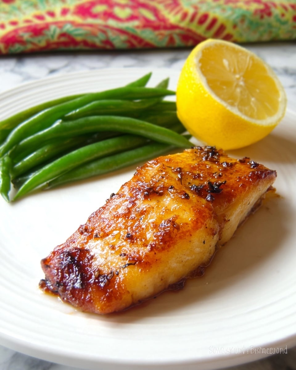 A white plate holds a single piece of golden-brown cooked fish fillet with a shiny, slightly crispy surface and visible seasoning spots. To the left of the fillet are thin green beans, arranged in a loose bundle with a fresh, slightly glossy texture. On the right side of the plate, a halved bright yellow lemon is placed upright, showing its juicy interior. The plate sits on a white marbled surface with a backdrop of a colorful cloth patterned with red, green, and yellow. Photo taken with an iphone --ar 4:5 --v 7