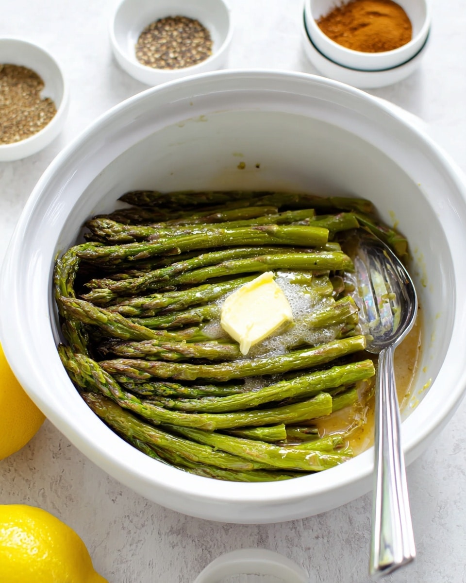 The image shows a white bowl filled with cooked green asparagus spears arranged neatly in a single layer, with a small dollop of melting butter in the center. A silver spoon rests inside the bowl on the right side, partially in the asparagus. Around the bowl, there are small white bowls containing different spices and a yellow lemon wedge visible at the edge of the frame. The whole scene is set on a white marbled textured surface. photo taken with an iphone --ar 4:5 --v 7