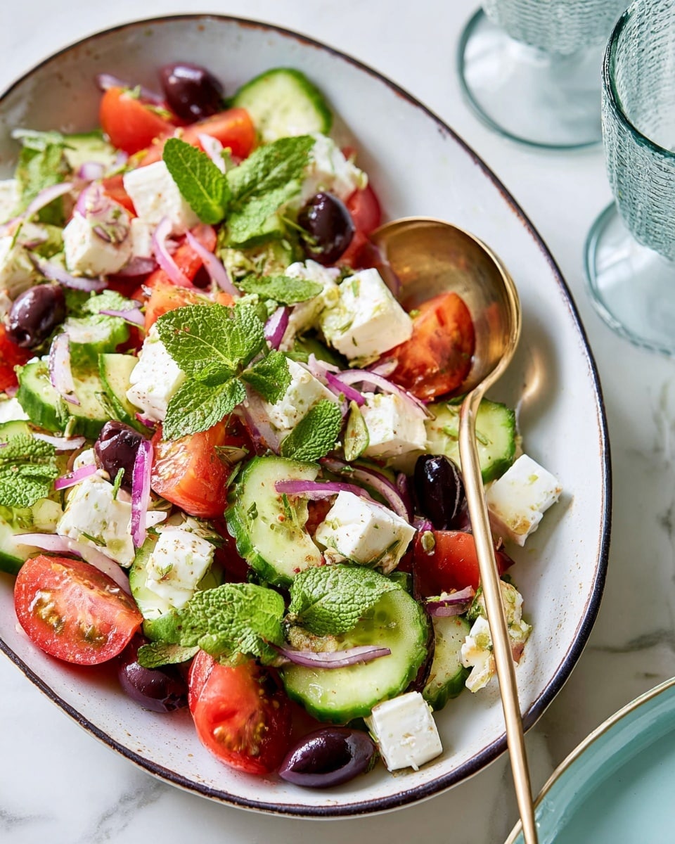 A bright salad is shown in a white oval dish with a dark rim, set on a white marbled surface. The salad has four main layers: the base includes thick cucumber slices that are pale green with darker green edges; above it are fresh cherry tomato halves that are shiny red with seeds visible inside; scattered among these are white cubes of soft cheese with a crumbly texture; black olives and thin slices of purple onion are mixed throughout. Fresh green mint leaves are spread on top for a bright, leafy contrast. A gold spoon and fork rest inside the dish on the right side, reflecting light softly. In the background, faint parts of clear glass cups are visible. Photo taken with an iphone --ar 4:5 --v 7