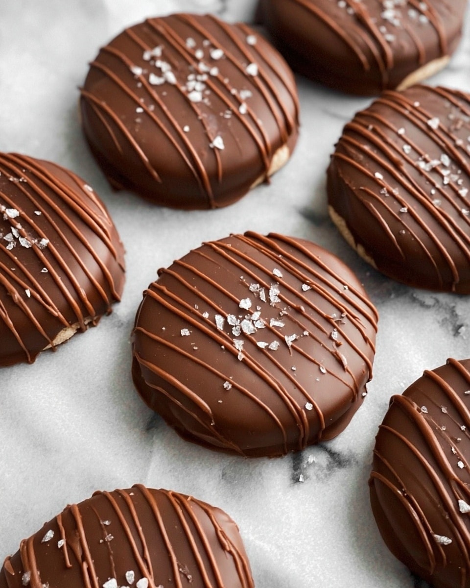 Round chocolate-covered cookies are placed on white parchment paper over a white marbled surface. Each cookie has two visible layers: the bottom is a solid base covered fully in smooth dark chocolate, the top is decorated with thin, even lines of milk chocolate drizzled across horizontally. Small white salt crystals are scattered lightly on top of each cookie, adding a bit of texture and shine. The cookies are arranged closely but not touching, showing a neat, inviting look. photo taken with an iphone --ar 4:5 --v 7