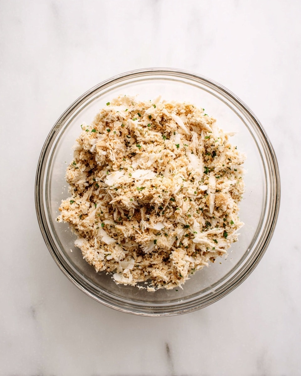 A clear glass bowl filled with a mixture that has a rough, chunky texture mostly in light beige and off-white colors with small green herb pieces scattered throughout. The contents appear to be a blend of shredded and finely chopped ingredients, unevenly mixed, giving a rustic look. The bowl is set on a white marbled surface. photo taken with an iphone --ar 4:5 --v 7