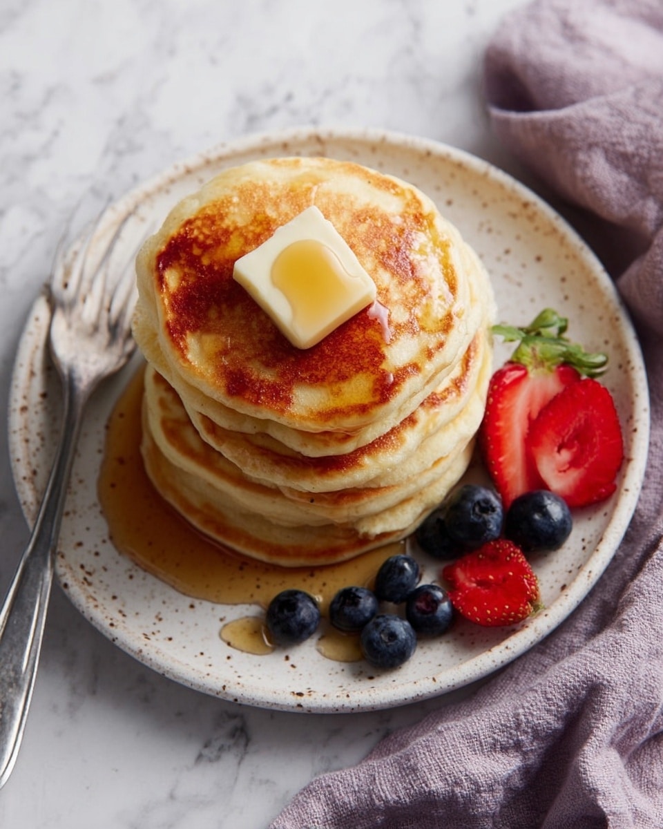 A stack of five golden-brown pancakes sits in the center of a white speckled plate with a pat of melting butter on top, surrounded by syrup dripping down the sides. To the right of the pancakes are several fresh, plump blueberries and two halves of a bright red strawberry with green leaves. A silver fork rests to the left of the plate on a white marbled surface, and a soft purple cloth is partially visible on the right side. The lighting highlights the warm textures and colors of the pancakes and fruit. photo taken with an iphone --ar 4:5 --v 7