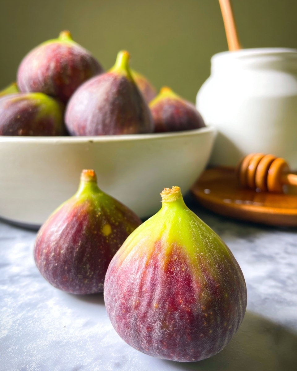 The image shows several ripe figs with a purple and green color and a smooth, slightly shiny texture. Two figs are in the front on a white marbled surface, taking the main focus with their round shapes and bright green tops. Behind them, more figs sit together in a white bowl with a smooth, matte finish. To the right, there is a white honey jar with a wooden honey dipper sticking out, adding some warmth to the scene. The light is soft, creating gentle shadows and bright highlights on the figs and objects. Photo taken with an iphone --ar 4:5 --v 7