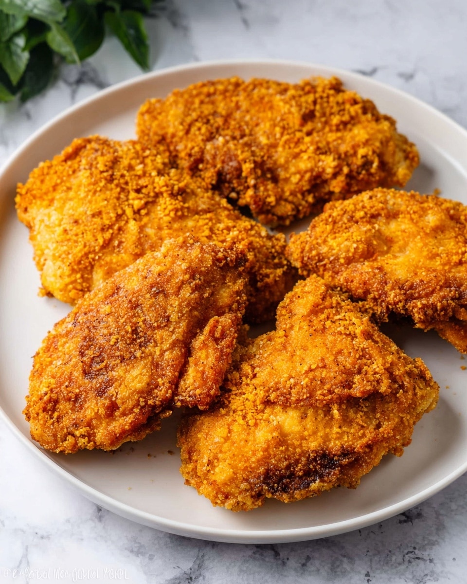 The image shows a white round plate holding five pieces of golden brown fried chicken with a crunchy texture. Each piece is irregular in shape and covered evenly with a crumbly coating that looks crispy and slightly rough. The chicken pieces are arranged close together, filling the plate. The surface under the plate is a white marbled texture, and a small part of green leaves is visible at the top left background. photo taken with an iphone --ar 4:5 --v 7