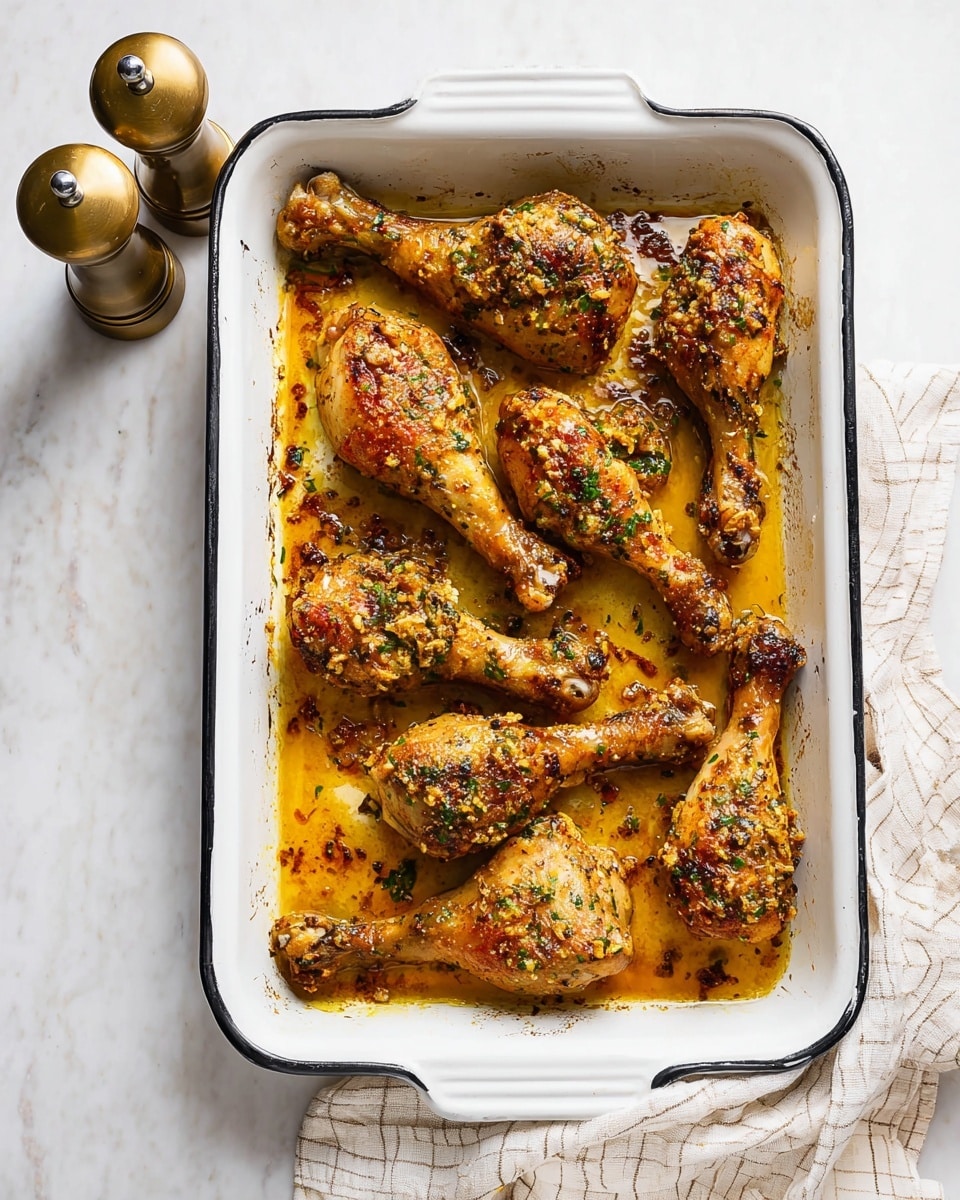 Several crispy chicken legs sit spread out on a white baking tray, covered with a thick layer of golden-brown garlic and herb seasoning that has a slightly rough texture. The tray holds a shiny, bright yellow oily sauce pooling around the chicken pieces, with bits of herbs and spices scattered throughout. Some of the chicken skin shows light browning with small patches of pink underneath, giving a juicy look. Tiny green herb flecks are sprinkled over the chicken, adding contrast to the yellow and brown colors. The overall image rests on a white marbled surface. photo taken with an iphone --ar 4:5 --v 7