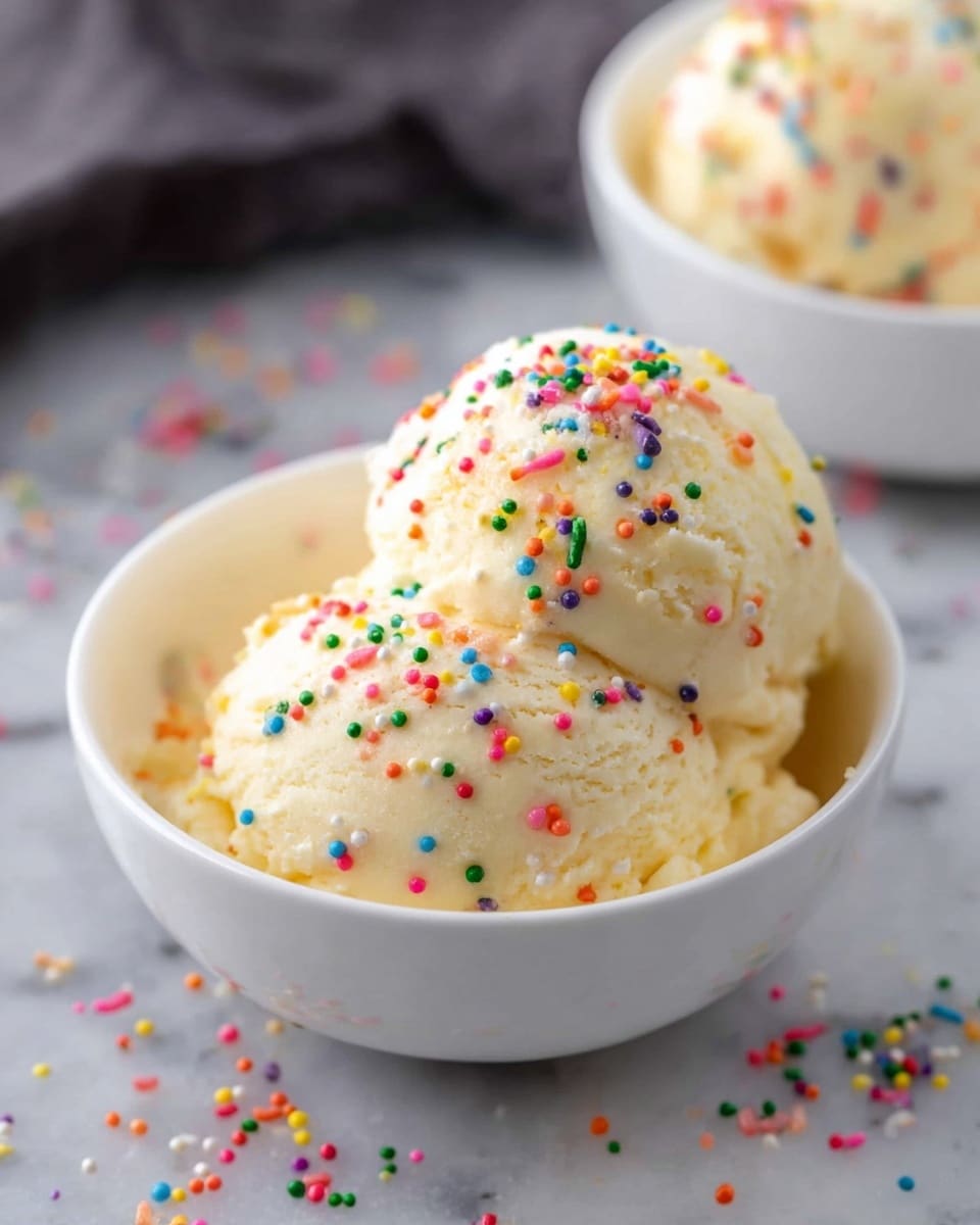 A white bowl filled with a large scoop of creamy vanilla ice cream mixed with colorful rainbow sprinkles inside and on top. The ice cream has small spots of mixed colors showing through, giving a fun, festive look. More sprinkles are scattered around the bowl on a white marbled surface, adding to the playful feel. photo taken with an iphone --ar 4:5 --v 7