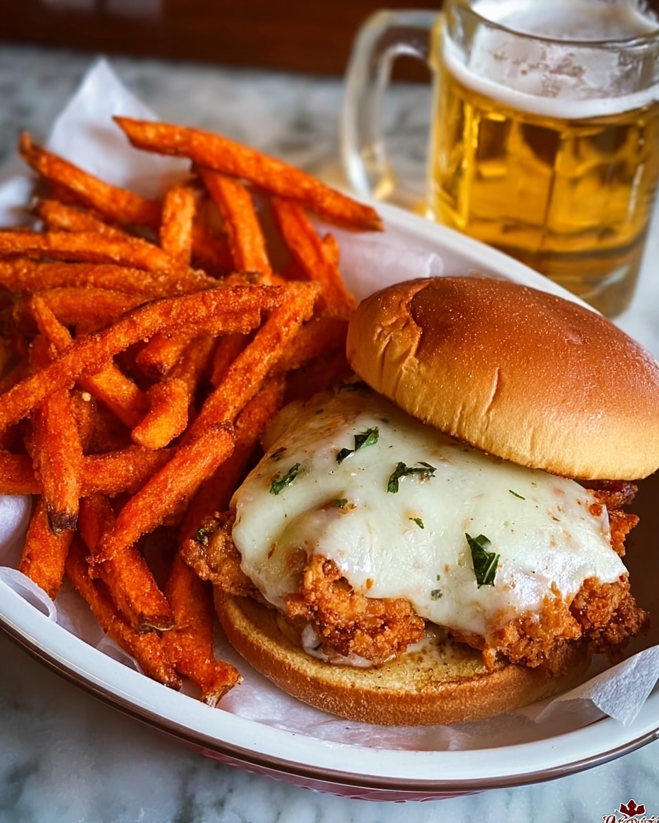 A white round plate holds a crispy fried chicken sandwich with a light golden toasted bun on top, slightly tilted to reveal two pieces of fried chicken covered with melted white cheese that has small bits of herbs. On the left side of the plate, there is a generous pile of orange sweet potato fries with visible seasoning. Behind the plate, a glass mug filled with golden beer and a foamy head is partially visible. The whole setting is on a white marbled surface. Photo taken with an iphone --ar 4:5 --v 7