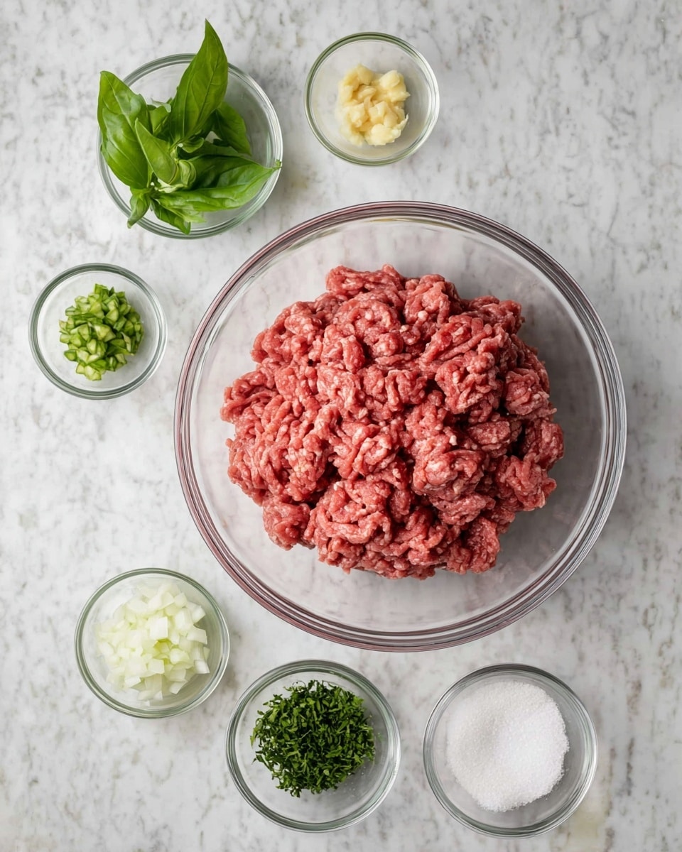 A large clear glass bowl in the center holds a layer of raw ground meat that is red and slightly chunky. Surrounding the main bowl are six small clear glass bowls placed on a white marbled surface: the top left bowl has fresh green basil leaves, the top middle bowl contains a chopped green vegetable, the top right bowl holds a small amount of minced light yellow garlic, below it is a bowl with small green herb sprigs, next to that is a bowl filled with white salt, and at the bottom left is a bowl with finely chopped white onion. The arrangement is neat with each ingredient clearly visible. Photo taken with an iphone --ar 4:5 --v 7