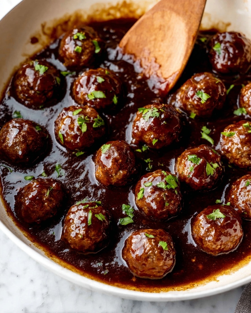 A plate filled with many small, round meatballs covered in a shiny dark brown sauce, each meatball garnished with thin strips of green herbs on top. The meatballs have a textured, slightly uneven surface showing bits of herbs inside. A silver fork is lifting one meatball above the others, with a white marbled surface under the plate. The plate is white and simple, holding the meatballs closely together. photo taken with an iphone --ar 4:5 --v 7