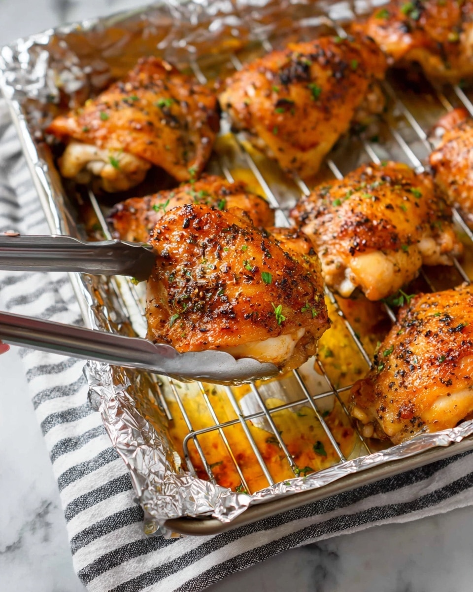 The image shows a silver roasting pan lined with foil and a wire rack holding several pieces of cooked chicken thighs. The chicken thighs are golden brown with a slightly crispy texture and are sprinkled with black pepper and green herbs. A woman's hand is holding silver tongs, lifting one juicy chicken thigh from the rack, showing some orange juices beneath. The background is a white marbled surface with a striped cloth visible under the pan. photo taken with an iphone --ar 4:5 --v 7