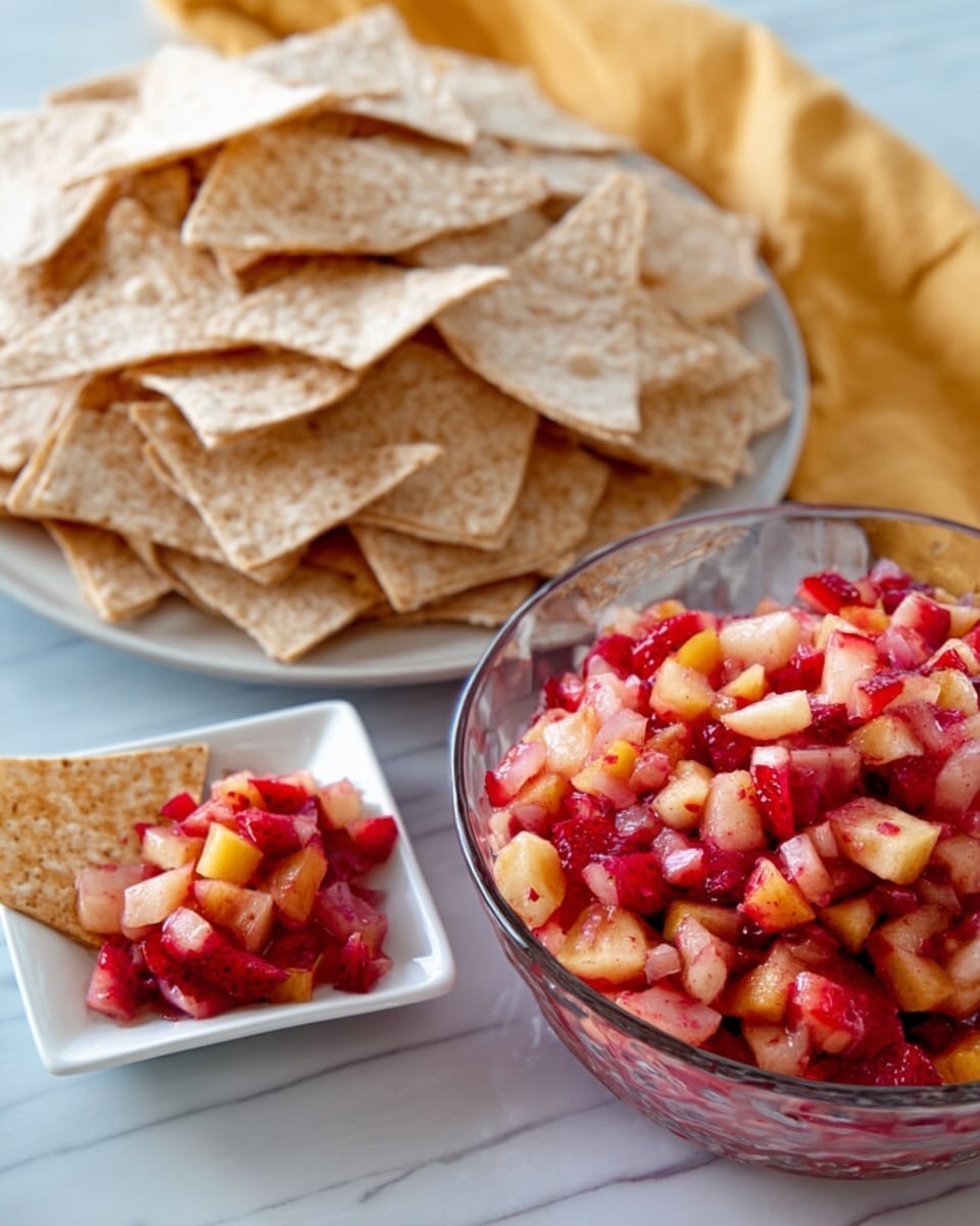 The image shows a clear glass bowl filled with a colorful salsa made of finely chopped red strawberries and light tan apples, mixed together with a shiny, juicy texture. Next to it is a white rectangular dish holding a few triangular tortilla chips sprinkled with cinnamon sugar, and a small scoop of the same fruit salsa on one chip. Behind, there is a white plate stacked with more triangular tortilla chips arranged in a neat pile. The whole setup is placed on a white marbled surface, and a yellow cloth can be seen in the background. photo taken with an iphone --ar 4:5 --v 7