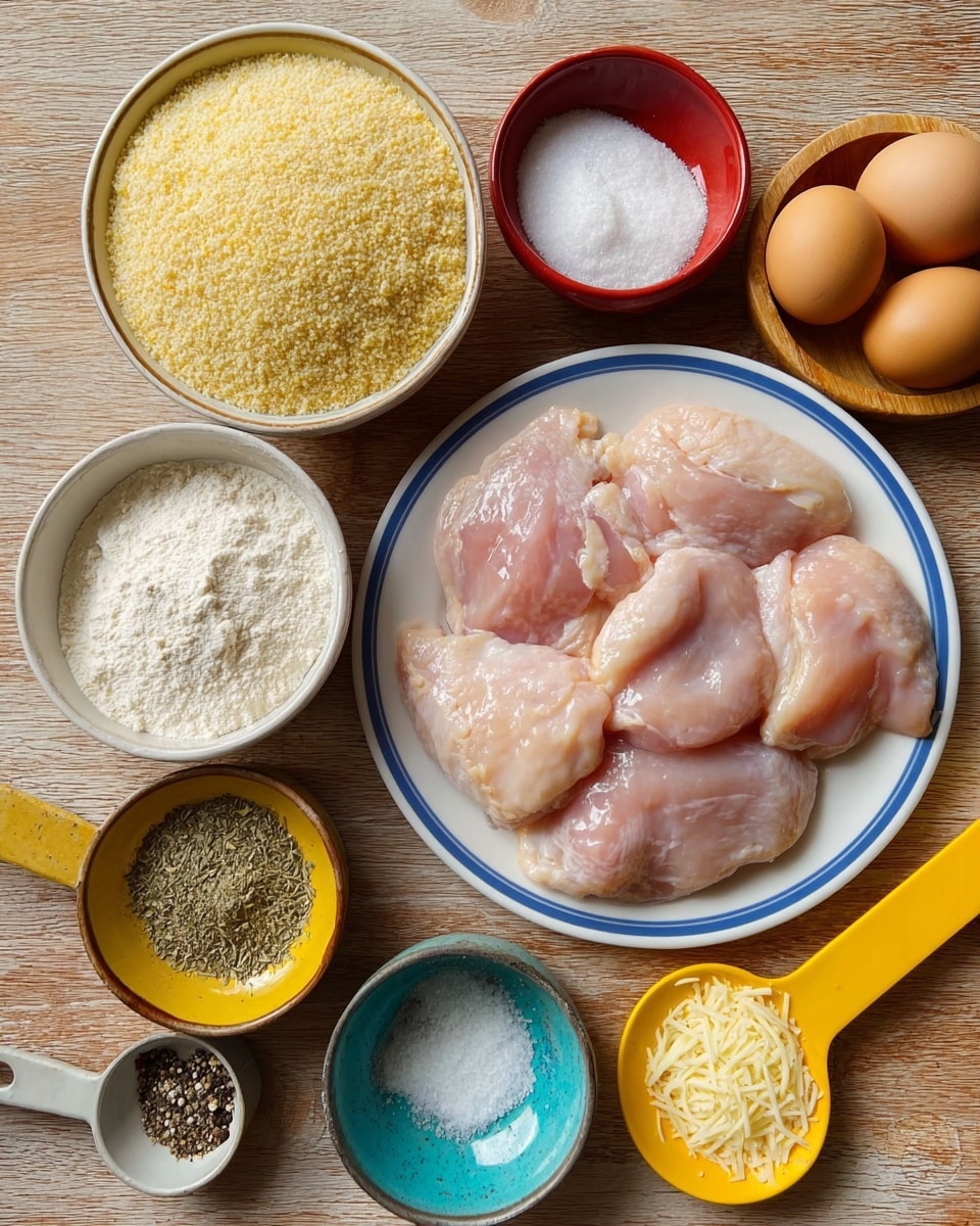 The image shows raw chicken pieces placed on a white plate with a blue rim, positioned on the right side. To the left, there are several small bowls and measuring cups arranged neatly on a wooden surface, all containing dry ingredients: one white bowl filled with light yellow breadcrumbs at the bottom left, a red bowl with a pale yellow powder above it, a yellow bowl with dried herbs below the red bowl, a grey and white measuring cup filled with white flour above the breadcrumbs, and a yellow measuring spoon with grated cheese near the top right corner beside the chicken plate. There are also two brown eggs in the middle, with a small wooden bowl filled with white salt at the top left and a turquoise bowl with ground black pepper next to it. The overall setting is clean and organized, showing all ingredients for a recipe photo taken with an iphone --ar 4:5 --v 7