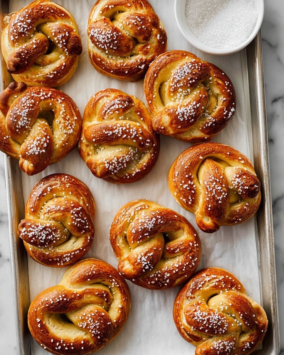 The image shows three golden brown soft pretzels placed on a textured baking sheet. Each pretzel has a rich, shiny crust with a slightly darker, toasted top layer and is generously sprinkled with coarse salt crystals. The dough is twisted into a classic looped knot shape with visible puffiness, soft folds, and light cracks in the crust, highlighting the chewy texture inside. The warm light enhances the golden color, making the pretzels look freshly baked and appetizing. The background features a white marbled texture. photo taken with an iphone --ar 4:5 --v 7