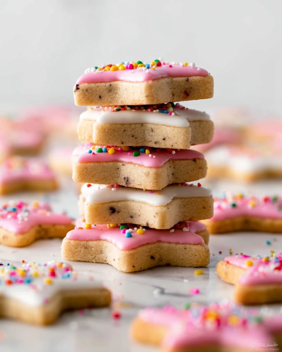 A tall stack of six star-shaped cookies sits centered on a white marbled surface. Each cookie is about the same size with a thick, light brown base textured with tiny dark spots. The top three cookies have smooth, pale pink icing with small, round, bright multicolored sprinkles scattered on top. The bottom three cookies are covered in smooth white icing, also adorned with the same variety of small, round, colorful sprinkles. Around the stack, many more cookies with pink and white icing and sprinkles are scattered softly out of focus. The background is clean and white. Photo taken with an iphone --ar 4:5 --v 7