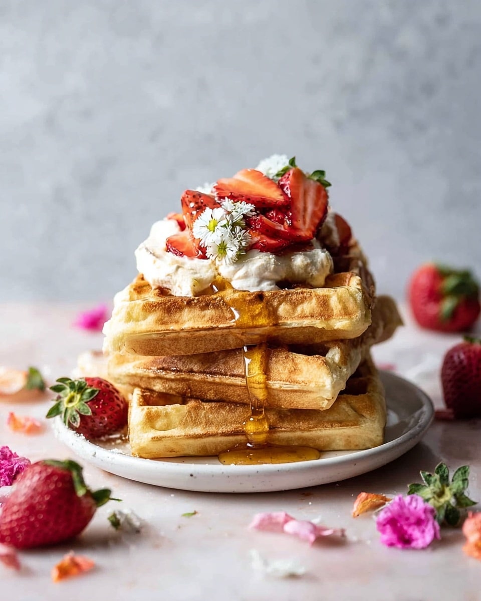 A stack of three golden brown waffles sits on a white plate, with syrup pooling around the base. The top waffle is topped with a dollop of creamy white whipped topping, layered with fresh red strawberry slices and green mint leaves dusted lightly with powdered sugar. Small pink edible flowers are sprinkled around the waffles and on the white marbled surface beneath the plate, adding a delicate touch. More strawberry halves and decorative elements are scattered on the surface, creating a soft, inviting scene. photo taken with an iphone --ar 4:5 --v 7