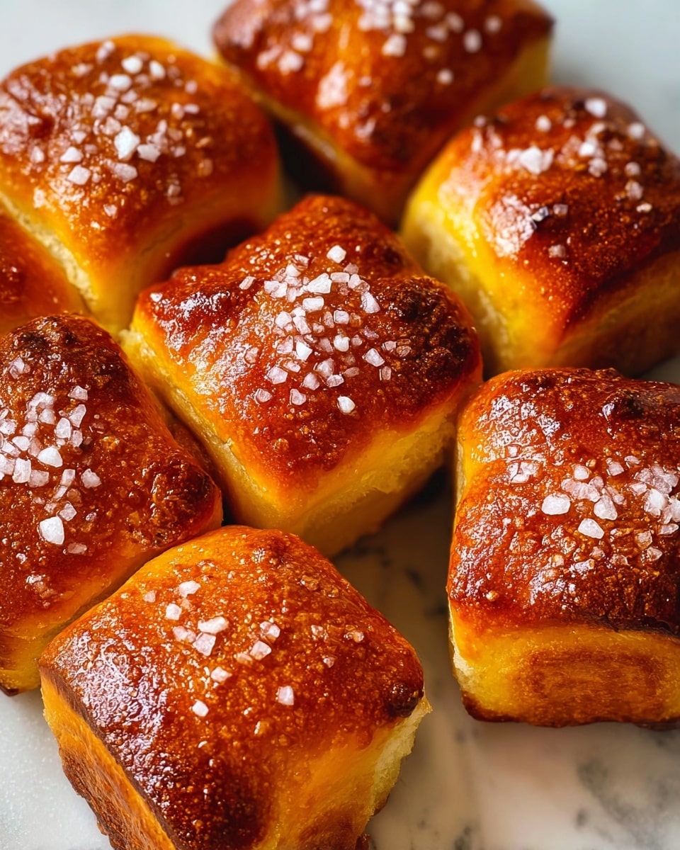 The image shows several small, square-shaped golden brown rolls with a shiny, slightly crisp top layer sprinkled with coarse white salt crystals. Each roll has a darker caramelized crust on its surfaces, creating a mix of deeper brown and lighter yellow tones. The rolls are packed close together on a white marbled surface, giving a warm and appetizing look with their textured, toasted exteriors. photo taken with an iphone --ar 4:5 --v 7