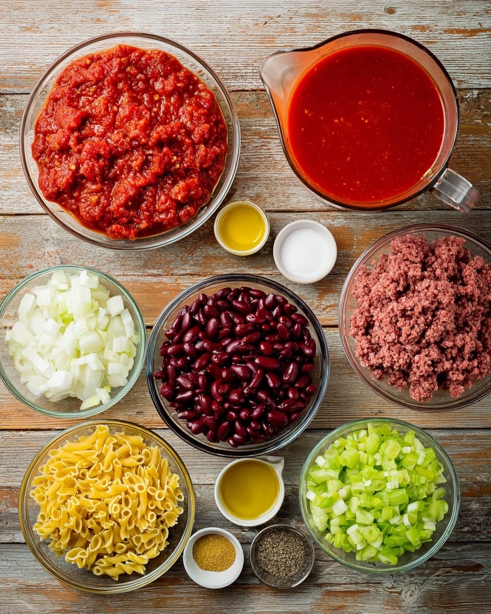 The image shows several clear glass bowls arranged on a wooden surface, each filled with different ingredients. There is a large bowl of deep red crushed tomatoes, a slightly smaller bowl with bright red ground meat on the top right, a bowl of dark red kidney beans in the middle, and a bowl with light green chopped celery next to it. Smaller bowls include finely chopped white onions, a bowl of dry yellow pasta, a small bowl of light brown seasoning, and three tiny bowls holding yellow mustard, white salt, and black pepper. There is also a clear measuring jug filled with more bright red tomato sauce. The background is a wooden surface, which should be imagined as white marble texture. photo taken with an iphone --ar 4:5 --v 7
