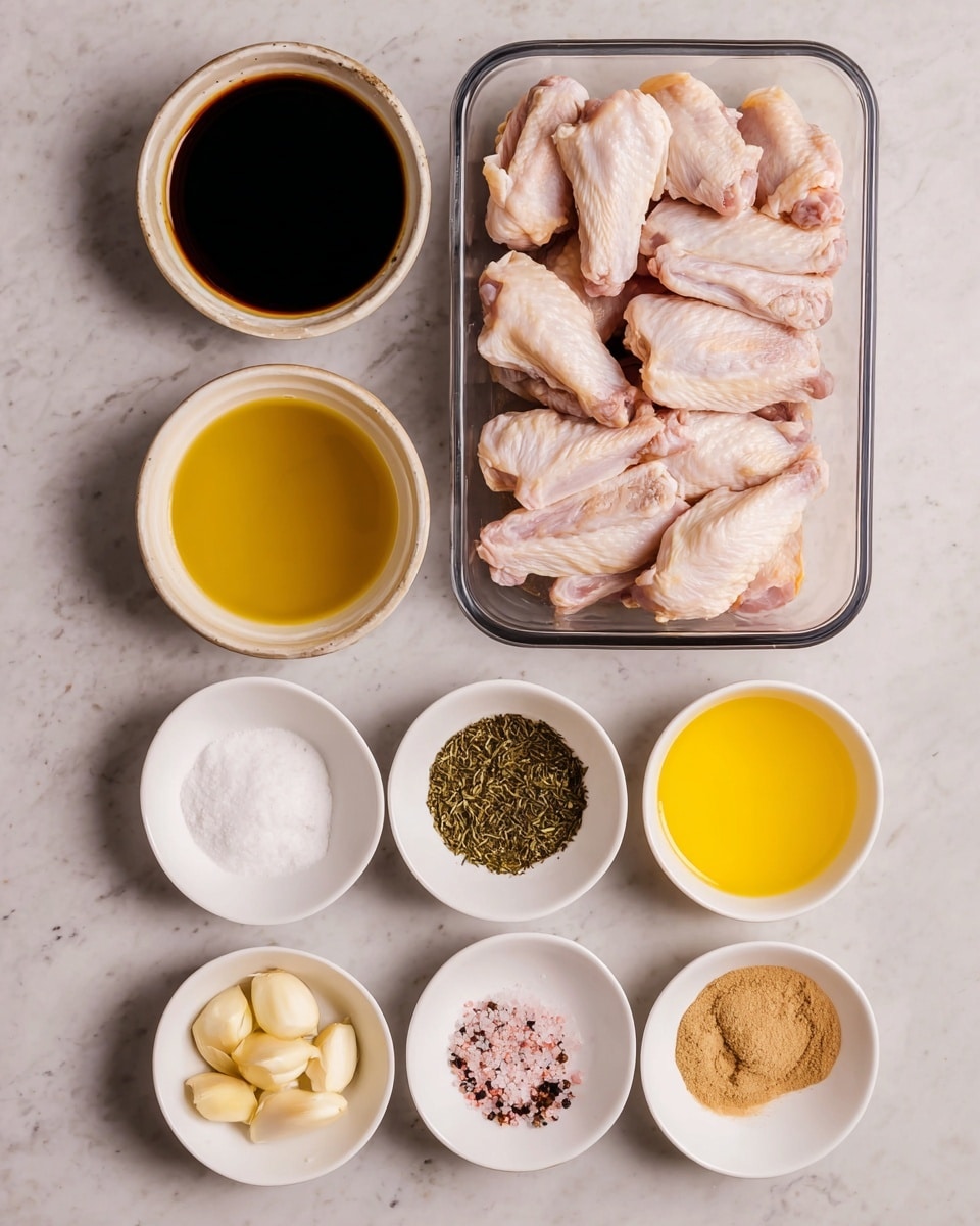 The image shows a clear rectangular container filled with raw chicken wings arranged neatly in rows, resting on a white marbled surface. Below the container, there are seven white bowls, arranged in three rows. The top row has two bowls, the left filled with a thick dark brown liquid, and the right with a bright yellow liquid. The middle row has three bowls: the left one with dried green herbs, the center with a white powder, and the right with light brown granulated sugar. The bottom row has two bowls: the left containing minced garlic, and the right with a mix of pink salt and black pepper. The setup is clean and evenly spaced. Photo taken with an iphone --ar 4:5 --v 7
