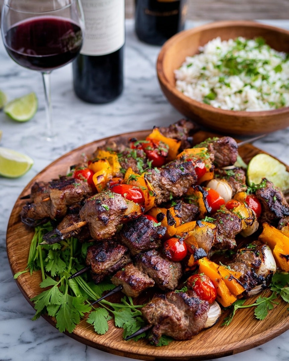 The image shows a round wooden plate full of grilled meat skewers arranged closely together in the middle. Each skewer has four main layers: browned chunks of grilled meat, bright orange bell peppers, slightly charred white onion pieces, and red cherry tomatoes, all alternating uniformly. Green sprigs of fresh cilantro lie next to the skewers on the plate. In the background, there is a wooden bowl filled with white rice topped with green herbs and lime wedges, a glass of red wine with deep ruby color, and a bottle of red wine. The surface below is white marbled texture. photo taken with an iphone --ar 4:5 --v 7