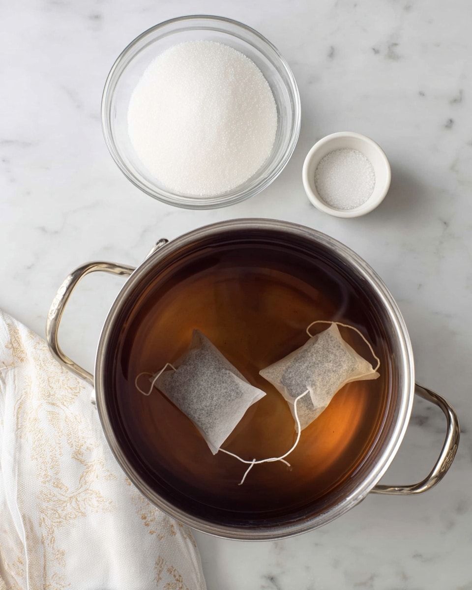 A large silver pot filled with water sits on a white marbled surface, with two tea bags steeping inside, hanging by their white strings over the pot's edge. Above the pot on the marble surface is a clear glass bowl filled with white granulated sugar, next to a small white bowl holding a pinch of salt. A white cloth with a faint beige pattern is partly visible at the bottom left corner of the image. Photo taken with an iphone --ar 4:5 --v 7