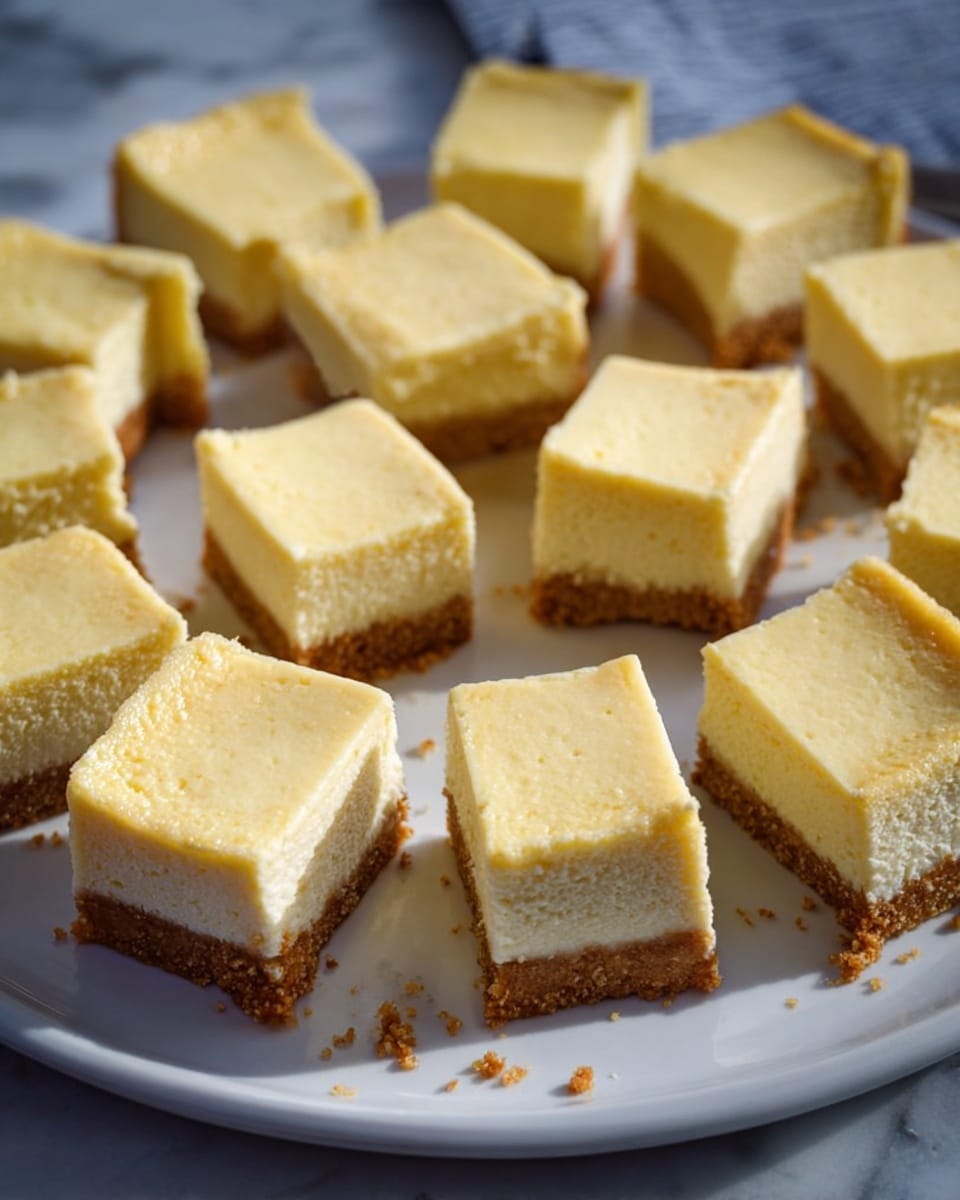 A white plate holds twelve square pieces of cheesecake arranged loosely in a circle with one piece missing. Each piece shows two clear layers: a thick, creamy pale yellow cheesecake layer on top with a smooth texture, and a thin, crumbly light brown crust at the bottom. The edges of the crust look slightly rough, and small crumbs are scattered on the plate and white marbled surface beneath. The lighting highlights the soft texture of the cheesecake layer. Photo taken with an iphone --ar 4:5 --v 7