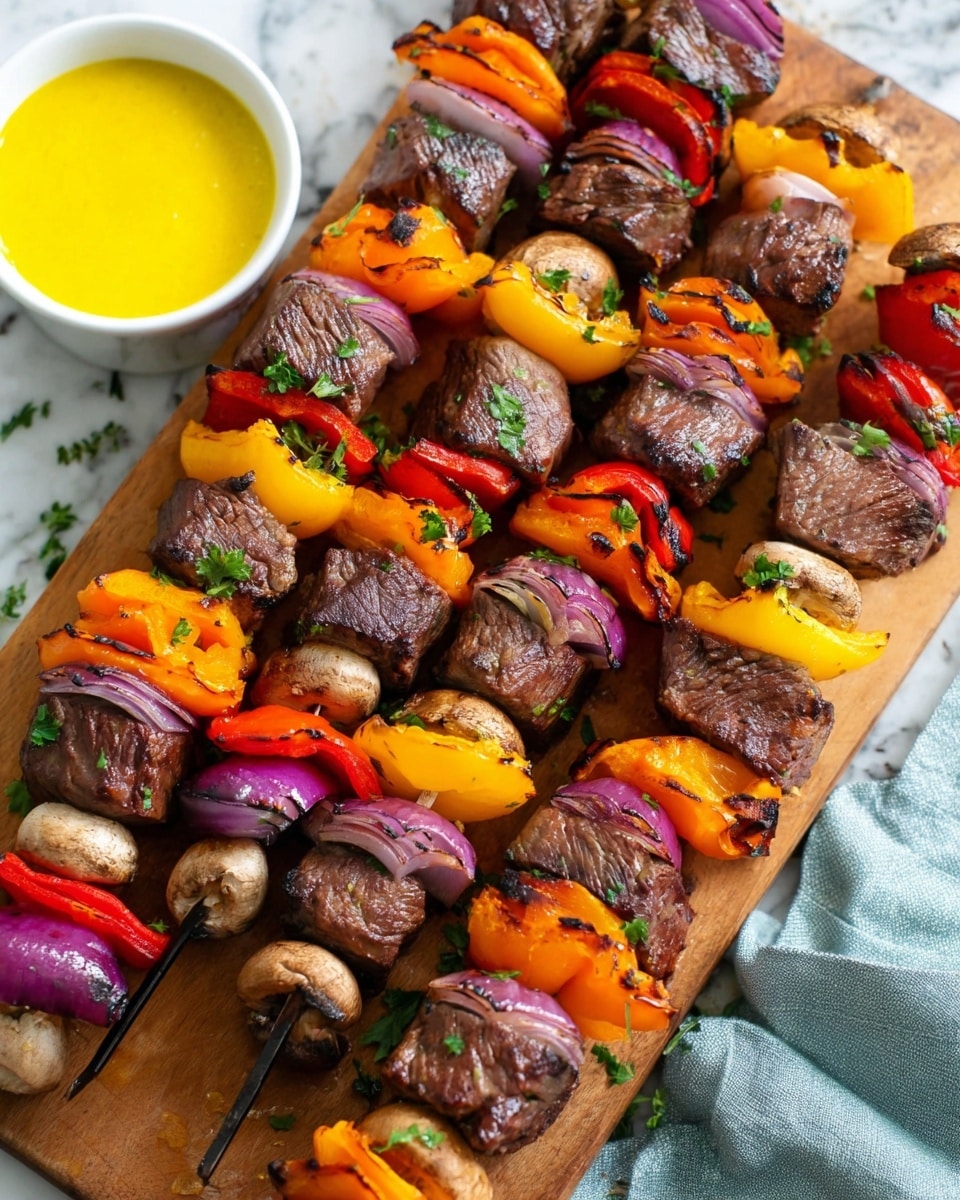 Several skewers of grilled beef kebabs rest on a wooden board over a white marbled surface, each skewer showing four layers of colorful bits. The layers include deep brown beef cubes, bright orange bell peppers with a smooth texture, yellow bell peppers that shine slightly, thin purple rings of red onion with visible layers, beige mushrooms with grill marks, and pieces of red bell pepper adding a bright contrast. Small green herb bits are sprinkled on top, adding a fresh touch. A white bowl with a bright yellow sauce sits nearby on a grey cloth. photo taken with an iphone --ar 4:5 --v 7