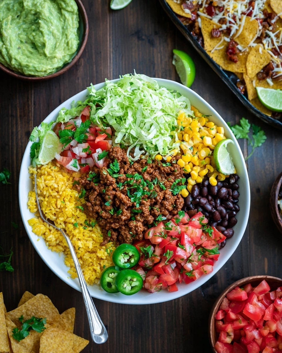 A white bowl with six main layers: bright yellow rice on the left, green guacamole next to it, seasoned cooked ground meat below, black beans and corn on the right side, and a mix of chopped red tomatoes, white onions, and green jalapeño slices on top, sprinkled with fresh cilantro. Behind the bowl is a tray of nachos topped with melted pale orange cheese sauce, black beans, chopped lettuce, red tomato pieces, jalapeño slices, and cilantro, with lime wedges tucked underneath. Small white bowls around the main dish hold extra chopped tomatoes, black beans with corn, and a salsa mix with corn, black beans, and chopped onions, all set on a white marbled surface scattering fresh cilantro leaves. Photo taken with an iphone --ar 4:5 --v 7