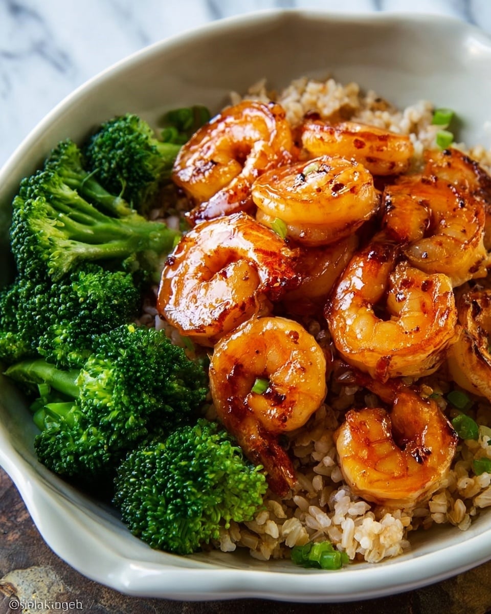 The image shows a close-up of a dish with one main layer of cooked brown rice, which looks soft and a bit sticky. On top, there is a layer of shrimp with a shiny orange color and some brown grill marks, arranged irregularly. The shrimp have a slight gloss, showing they are cooked and slightly charred, and are garnished with small green pieces of chopped herbs scattered around. The dish is served in a white bowl on a white marbled surface. photo taken with an iphone --ar 4:5 --v 7
