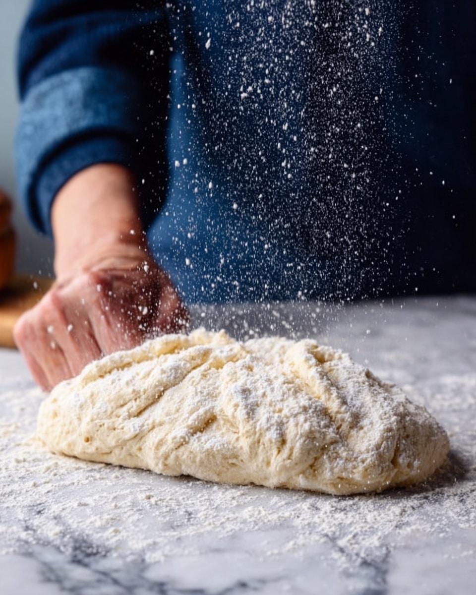 A soft, rough dough is placed on a white marbled surface, lightly dusted with flour, showing a pale cream color with small uneven folds on top. Above the dough, a woman's hand sprinkles fine white flour, creating a gentle cloud of flour particles mid-air. The person is wearing a dark blue long-sleeve shirt, and the background is slightly blurred, focusing attention on the dough and the falling flour. photo taken with an iphone --ar 4:5 --v 7