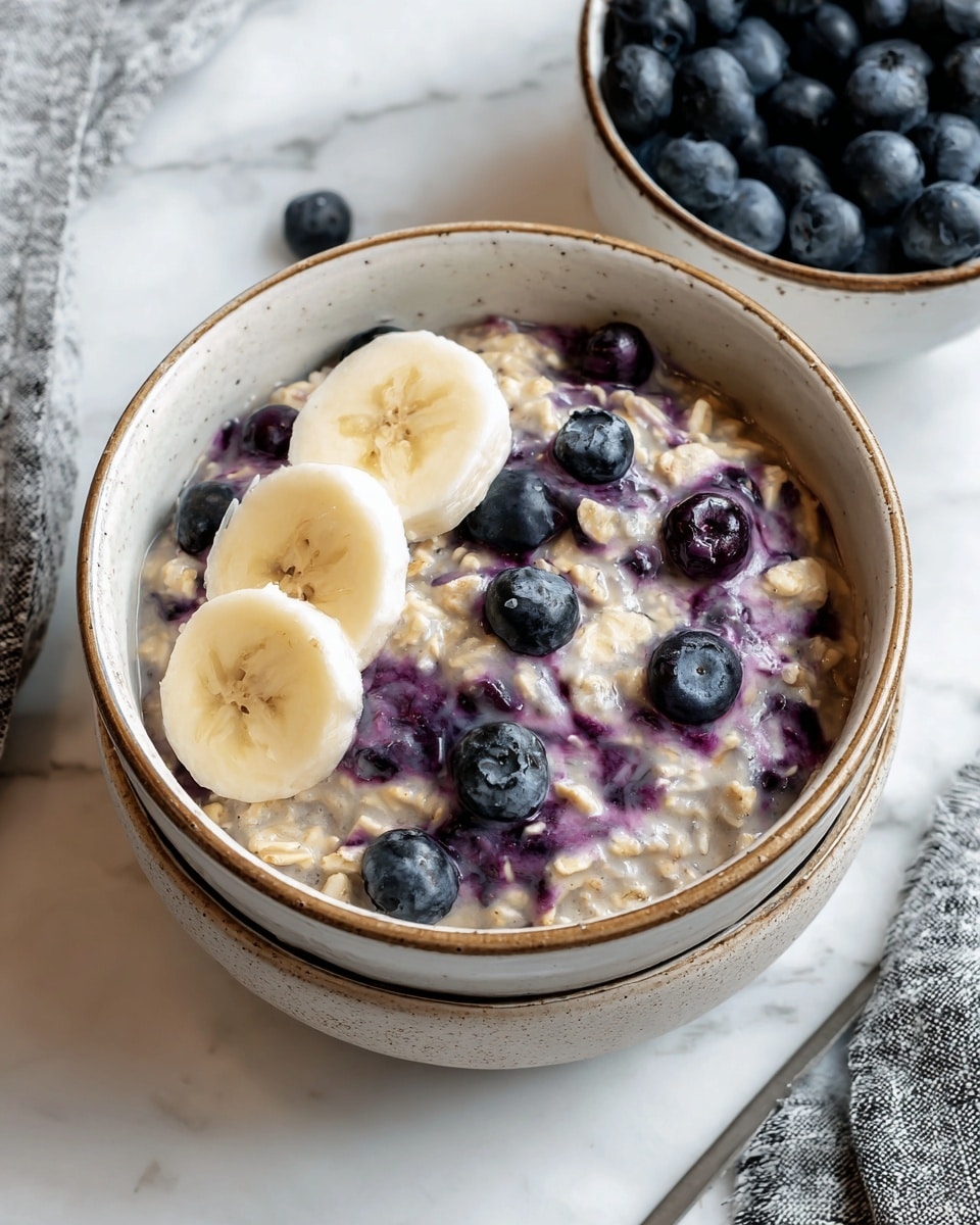 A bowl filled with a creamy mixture that has oats and crushed blueberries giving it a purple pattern throughout. On top, there are three slices of banana placed near the edge of the bowl, with a few whole blueberries scattered around both on top and mixed inside. The bowl is a rustic light tan color with a darker rim, all resting on a white marbled surface next to a black and white cloth napkin. In the corner, part of another bowl full of whole blueberries is visible. Photo taken with an iphone --ar 4:5 --v 7
