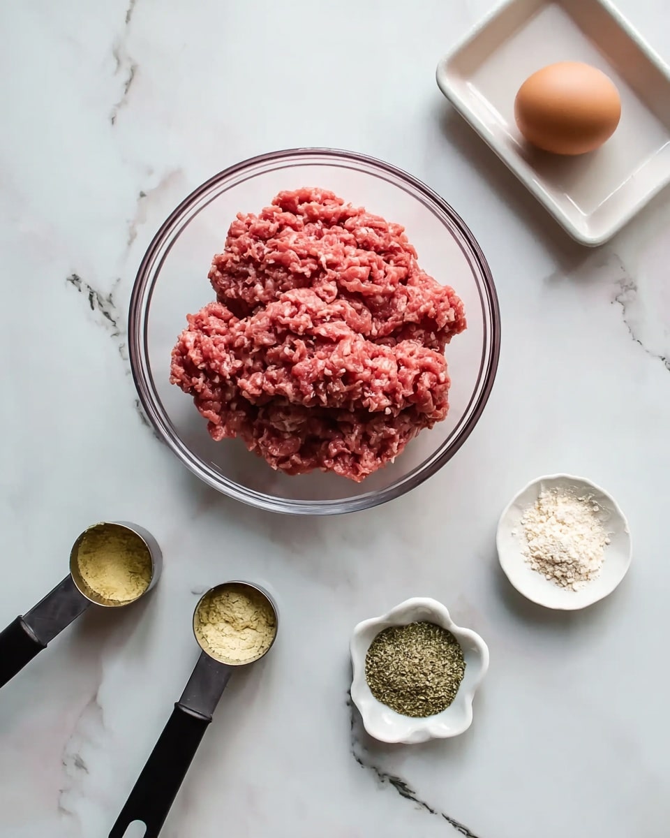 The image shows a clear glass bowl filled with reddish ground meat at the center on a white marbled surface. Above and to the right of the bowl, there is a white egg tray holding a single brown egg. Below the tray and slightly right of the bowl is a small white dish containing mixed dry seasonings, including green and beige powders. To the left and below the bowl, there are two black-handled measuring cups; the left one holds a yellow powder, and the right one contains a white powder. The overall setting is clean and organized with a white marbled background. photo taken with an iphone --ar 4:5 --v 7