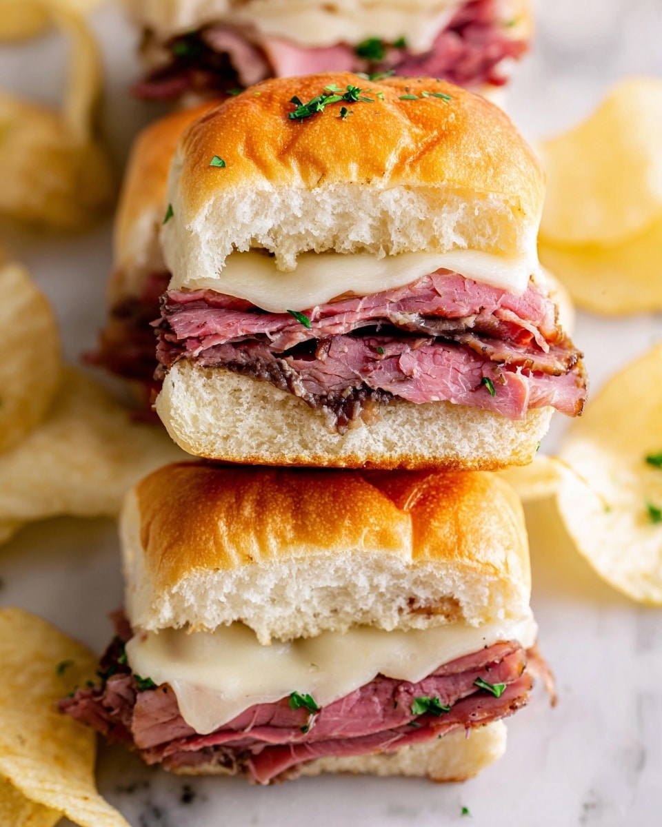 A close-up view of two stacked sandwiches on a white marbled surface, each sandwich has three main layers: a soft golden-brown bun on top with green parsley sprinkled, a thick layer of thinly sliced pink roast meat with a slightly charred edge in the middle, and a layer of melted light beige cheese between the meat and the bottom soft white bun. The sandwiches are served with yellowish potato chips scattered around. Photo taken with an iphone --ar 4:5 --v 7