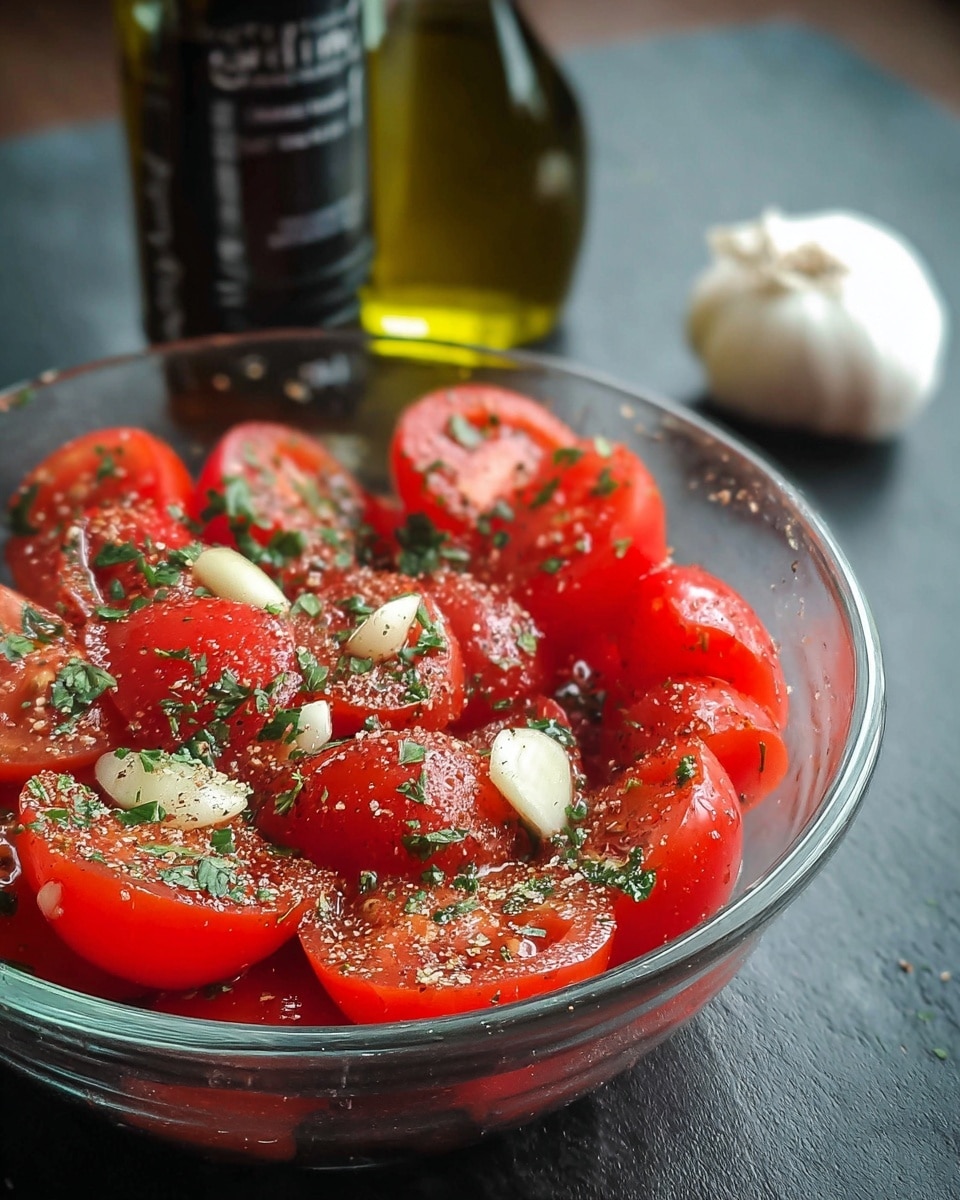 A clear glass bowl filled with bright red tomatoes that are cut in halves, each half sprinkled with small pieces of white garlic and green fresh herbs, with a light dusting of black pepper and seasoning spread evenly on top, the bowl is placed on a dark surface with a blurred bottle of olive oil and a whole garlic bulb in the background, photo taken with an iphone --ar 4:5 --v 7