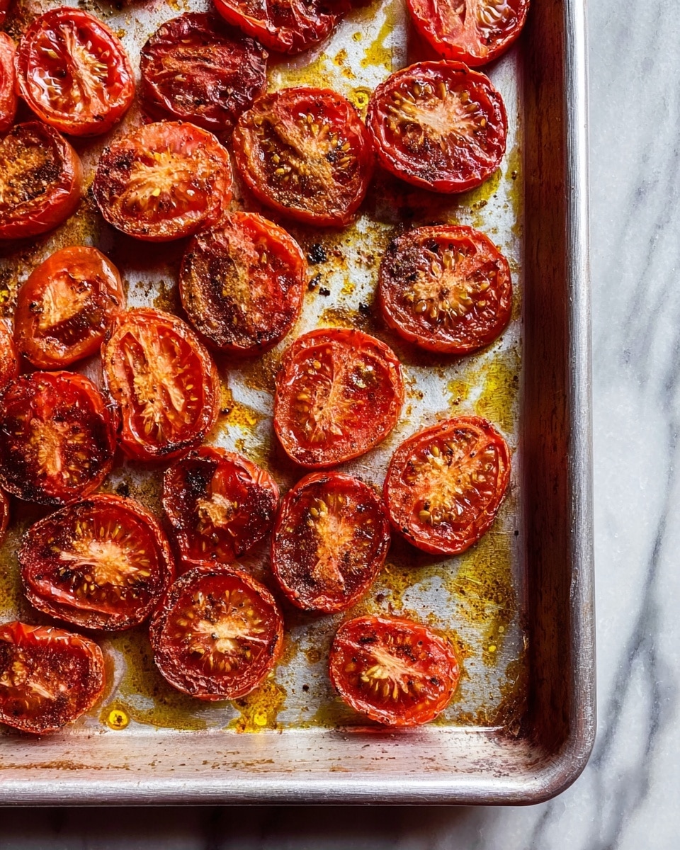 The image shows a single layer of roasted tomato halves arranged unevenly on a silver baking tray. The tomatoes are a deep red color with browned, slightly wrinkled skins and caramelized edges. The tray has small spots of golden-yellow oil and tiny burnt bits scattered all around the tomatoes, contrasting with the light silver surface of the tray. The texture looks juicy and slightly soft, with some seeds visible inside the tomato halves. The background is a white marbled surface. photo taken with an iphone --ar 4:5 --v 7