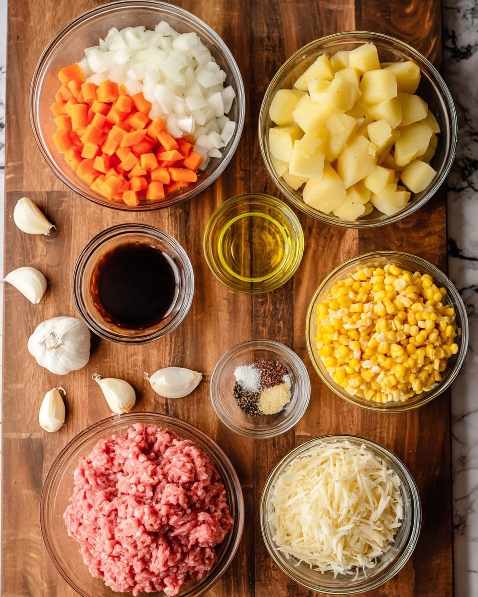The image shows seven clear glass bowls and three garlic cloves on a wooden tabletop. The top bowl has a mix of chopped white onions and orange carrots. To its right, there's a bowl filled with chopped yellow potatoes with skins on. Below that, a bowl holds cooked yellow corn kernels. Next to the corn is a bowl of white and shredded cheese. Below the cheese, a larger bowl contains raw ground meat with a pink color. To the left of the meat, a small bowl holds a dark brown liquid, and above that is a small glass with light yellow oil. Next to the oil is a tiny bowl with white salt and black pepper mixed in. Three peeled garlic cloves lay to the left of the bowls, arranged on the wooden surface. The background is a white marbled texture. photo taken with an iphone --ar 4:5 --v 7