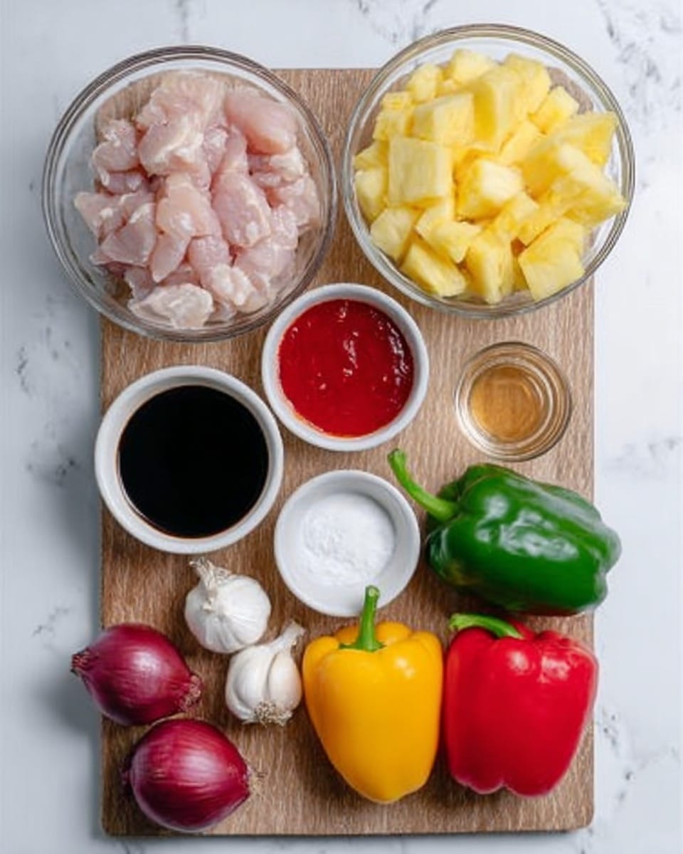 The image shows a wooden board on a white marbled surface, with several clear glass bowls and white small containers holding ingredients. There are two large clear glass bowls at the top: one filled with small pieces of raw light pink chicken and the other with chunks of light yellow pineapple. Below them are three small white containers of sauce or liquid: one with bright red sauce, one with dark soy sauce, and one with white powder. To the right, there is a small clear glass container with a light brown liquid. In front of these containers, three whole bell peppers are placed side by side in red, yellow, and green colors. Near the peppers are two whole red onions and four peeled garlic cloves grouped together. The composition is neat and bright, with the colors of the ingredients contrasting well on the white marbled background. Photo taken with an iphone --ar 4:5 --v 7