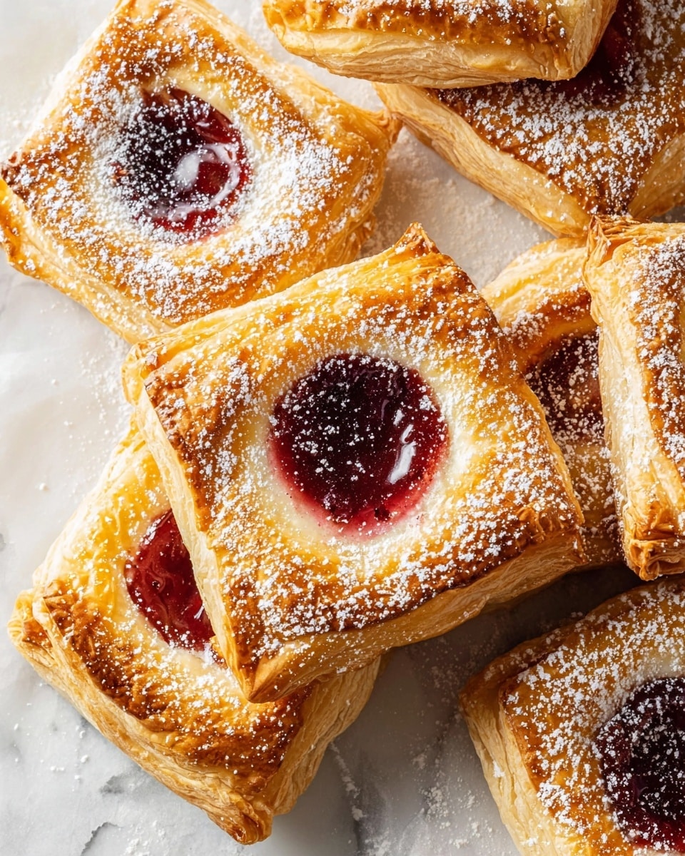 The image shows several square-shaped pastries with golden, flaky crusts that have a slight shine from a glaze. Each pastry has a round center filled with a dark red, glossy jam that looks sticky and smooth. The jam is surrounded by a thin light layer of cream cheese or custard, creating a clear contrast with the crust and filling. The pastries are sprinkled with a light dusting of powdered sugar, adding a soft white touch over the top. The background is a white marbled texture, with the pastries laid on what looks like white parchment paper. The pastries overlap slightly and fill the frame in a close-up view. Photo taken with an iphone --ar 4:5 --v 7