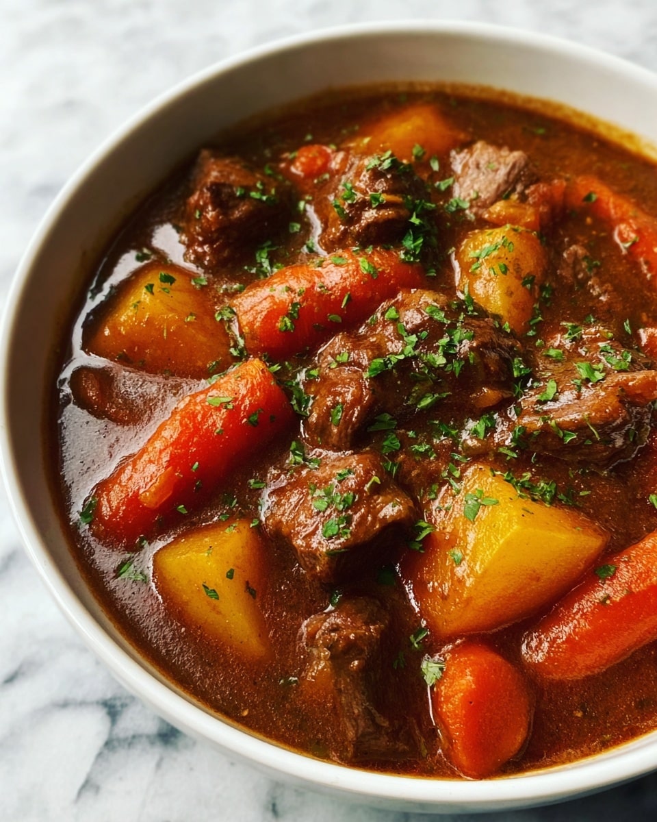 A close-up of a white bowl filled with beef stew showing large chunks of tender brown beef, orange carrot slices, and yellow potato pieces all covered in thick dark brown gravy, garnished lightly with finely chopped green herbs. The bowl sits on a white marbled surface. photo taken with an iphone --ar 4:5 --v 7