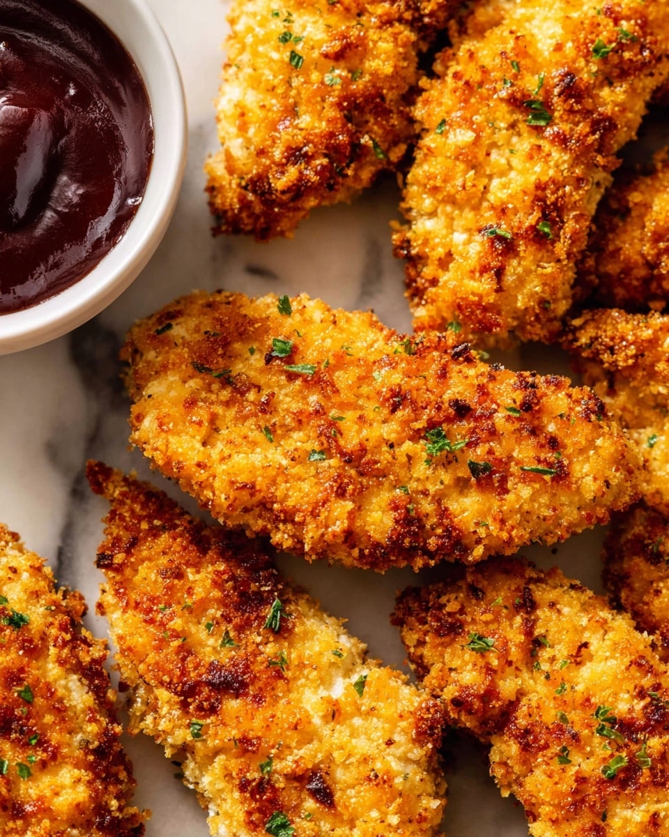 A close-up view shows several golden brown, crispy chicken tenders with a rough textured coating, resting on parchment paper on a white marbled surface. One chicken tender, held by a woman's hand, is dipped halfway into a small white bowl filled with thick, shiny dark red barbecue sauce. The chicken tenders have small green herb flecks inside the coating, and the sauce has a smooth, glossy texture. The image focuses on the tender being dipped, with the rest of the tenders blurred in the background. Photo taken with an iphone --ar 4:5 --v 7