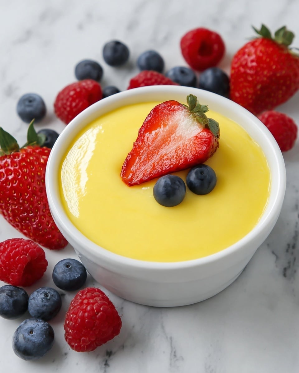 A close-up image of a spoon filled with smooth, bright yellow custard, positioned in the center and slightly tilted, with a shiny metal texture reflecting light. Behind the spoon, there is a white bowl filled with the same yellow custard, topped with a few fresh red strawberries and dark blue blueberries scattered around. The bowl sits on a white marbled surface, and additional blueberries and strawberries are scattered around the bowl but out of focus, creating a soft background. The overall colors are vibrant, with the yellow custard, red strawberries, and blue blueberries standing out sharply. Photo taken with an iphone --ar 4:5 --v 7