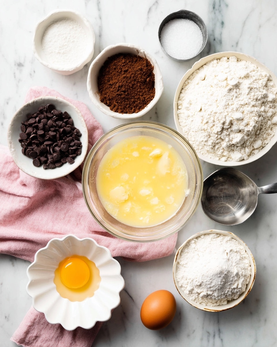 A top-down view of several clear and white bowls placed on a white marbled surface, each holding different baking ingredients: one large clear bowl in the center filled with a light yellow melted butter and cream mixture; a white bowl with light and dark brown sugar, a white bowl with dark chocolate chips, a small clear bowl of white powder, a small metal cup with salt, a small clear bowl of baking powder, a fluted white dish with a cracked egg yolk, a whole egg next to it, and a large clear bowl filled with white flour. These are all arranged neatly around a pink cloth. Photo taken with an iphone --ar 4:5 --v 7