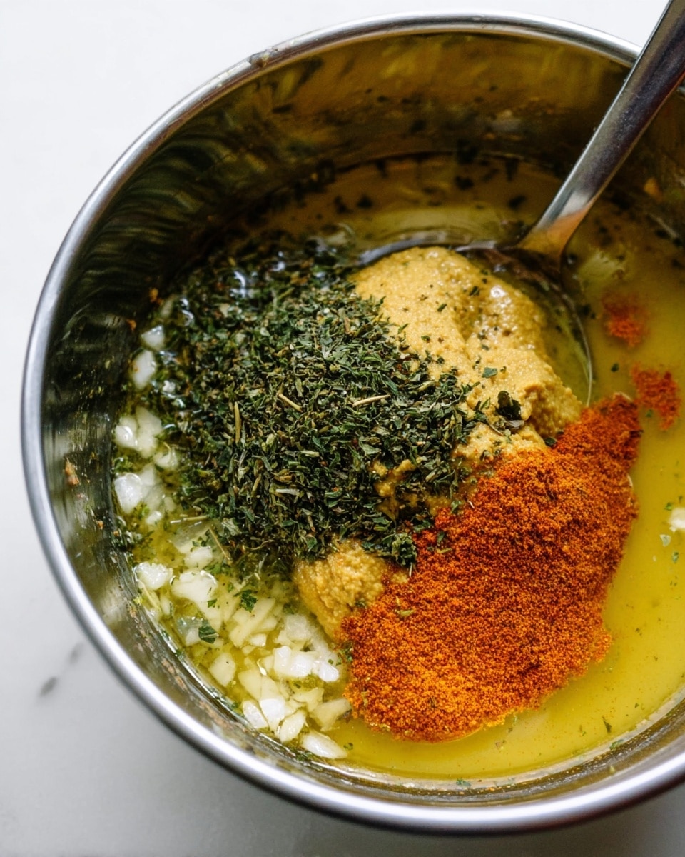 A close-up view of a metal bowl with multiple layers of ingredients inside. The base layer shows a light yellowish liquid with small white pieces scattered throughout. On the left side, there is a smooth, thick mustard-yellow paste with a pile of finely chopped green herbs on top. To the right of these herbs, there is a bright orange powder stacked closely next to a pile of reddish-brown powder, both resting on the paste and liquid. A silver spoon is partially dipped into the mix near the herbs and mustard paste. The bowl sits on a white marbled surface photo taken with an iphone --ar 4:5 --v 7