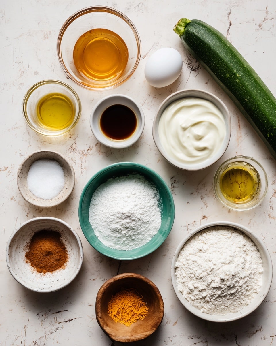 The image shows various baking ingredients arranged neatly on a white marbled surface. There is a whole zucchini lying horizontally at the top right, while a single white egg is placed near the top center. Bowls of different sizes hold ingredients: a large white bowl of creamy yogurt to the right, a medium white bowl of flour at the bottom right, a turquoise bowl filled with powdered sugar toward the left center, and a small wooden bowl with a pinch of salt above center. Also visible are a small white bowl with cinnamon, a small white bowl with grated orange zest, a small clear glass bowl with vanilla extract, and a clear measuring cup filled with golden olive oil. A larger clear bowl filled with honey is near the top left. The overall scene has soft, natural light, enhancing the textures and colors of the ingredients. Photo taken with an iphone --ar 4:5 --v 7