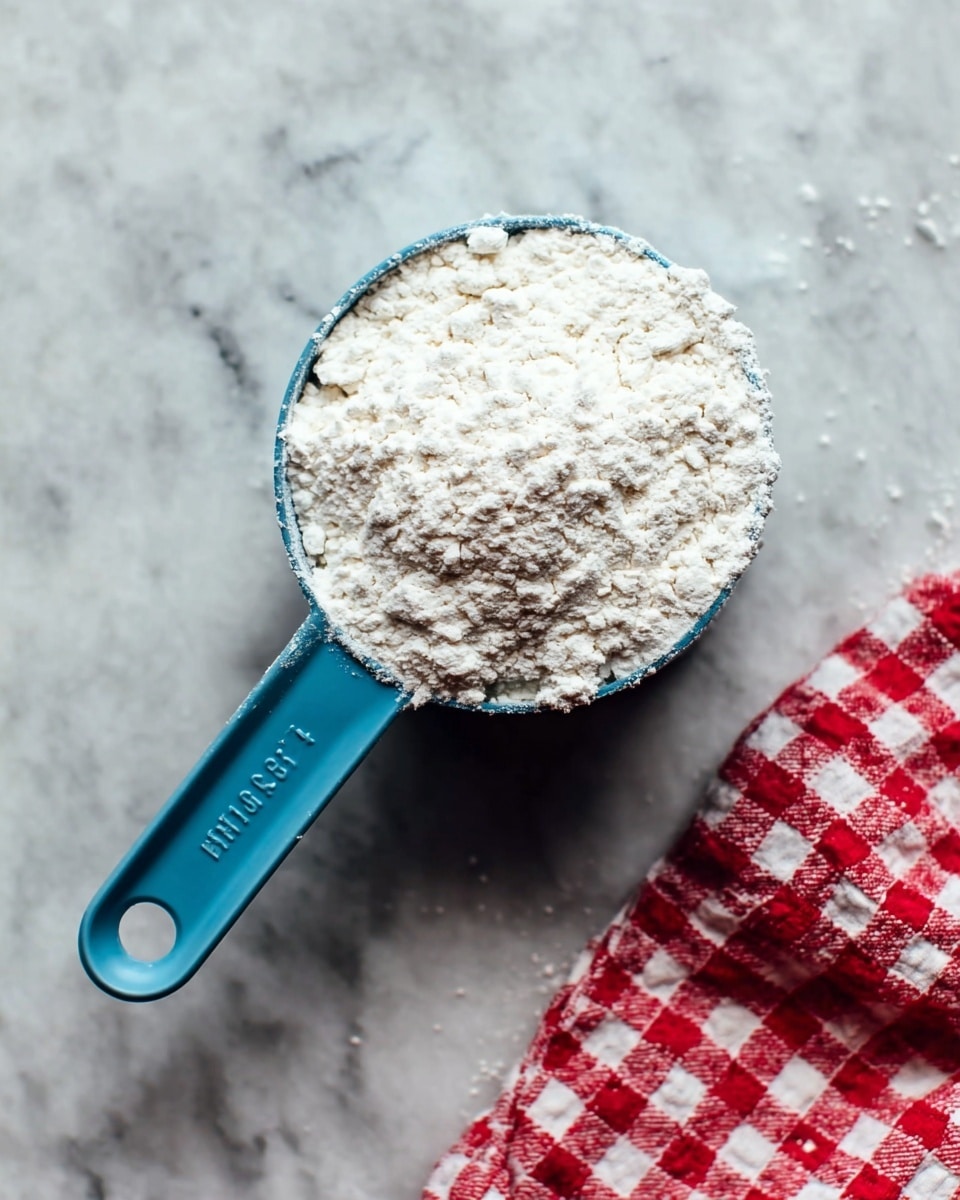 A blue measuring cup is filled to the top with white flour, showing a slightly uneven, powdery surface. The cup is placed on a white marbled surface with a red and white checkered cloth nearby to the right side. The texture of the flour looks soft and fine, and the cup handle extends to the right. The photo is taken with an iphone --ar 4:5 --v 7